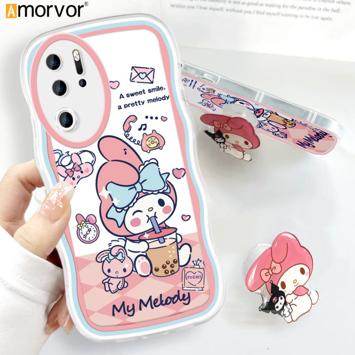 AMORVOR for Huawei P30 Pro Back Cover (With Free Holder) Cartoon Anime Soft Wavy Phone Case Camera Protection Transparent TPU Soft Cover