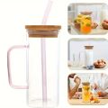 Techmanistan Random Color 400ml Square Glass Mug With Handle, Straw & Wooden Lid, Drinking Glass, Adorable Glass Cups with Lids and Straw, Glass Tumbler Coffee Cup Coffee Mug. 