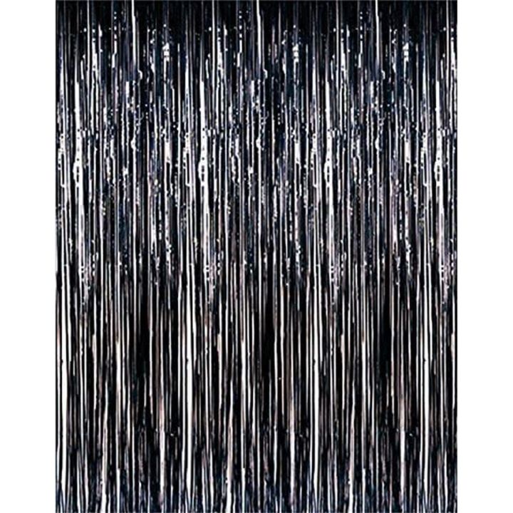 Black Metallic Tinsel Foil Fringe Curtains 3.2ft x 6.5ft Backdrop Photo Booth Black Metallic Foil Curtain for Birthday, Wedding, Bridal Shower, Baby Shower, Anniversary Party Decoration