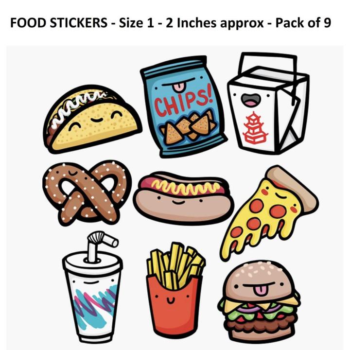 Food Stickers - 1 - 2 inch Approx - Pack of 9 - Aesthetic Art Stickers for mobile back, Laptop, dairy and for decorating your stuff and making them look more attractive