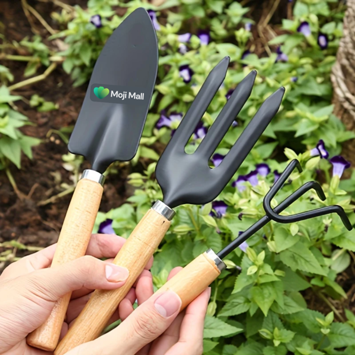 Garden Tool Set - 3 Piece Gardening Kit with Wooden Handles - Shovel, Rake, and Spade – Moji Mall