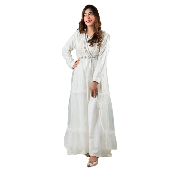 Graceful Frock Design - Fairy Tale Princess by ClosetStunner - Designer White Silk Maxi with Gown - Silk Maxi and Net Gown Dress - Shiny Off-white Maxi with Gown Made of Fancy Net - Top Trending And Stylish Designer Off-white Maxi with Gown