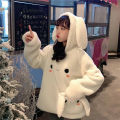 Winter Hooded Women Cute Rabbit Ear Student Hoodie Full Sleeve Sweet Warm Hoody Bunny Cartoon White Coat Fashion New Streetwear. 