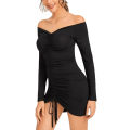 Women  Off Shoulder Ruched Dress Fashion Long Sleeve Off Shoulder Dress for Women Ladies. 