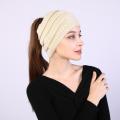 【HOT】 New Women Autumn Winter Ponytail Beanie Hat Solid Color Lady Stretch Knitted Crochet Beanies Hat Cap For Women. 