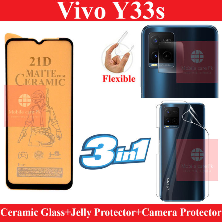 Vivo Y33s Matte Glass Ceramic Protector + Back Protector Transparent Hydrogel Soft Film jell Protection + Back Rear Camera Protector 9H Gorilla Flexible Protection For Vivo Y33s
