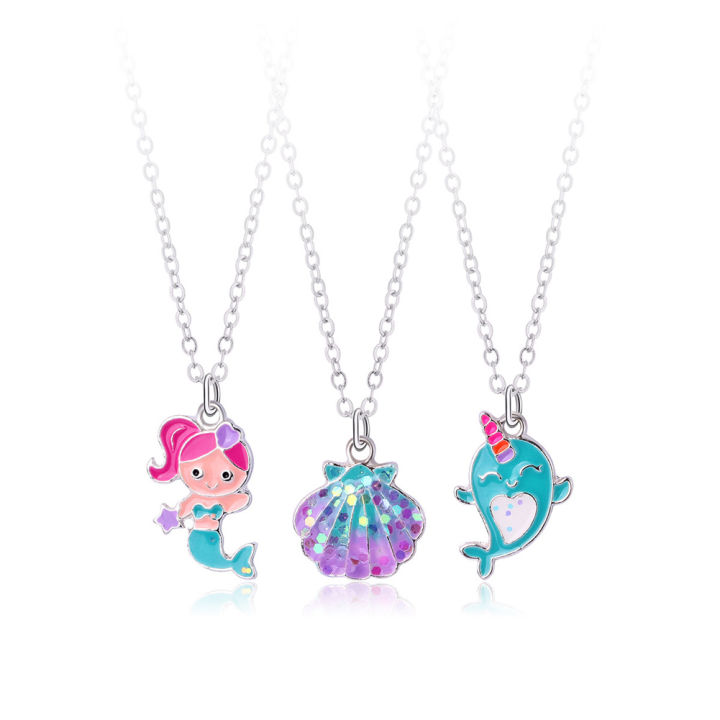 New Kidlove 3pc Girl Necklace Jewelry Cartoon Mermaid hell Dolphin hape Pendant Clavicle Chain Children Gift