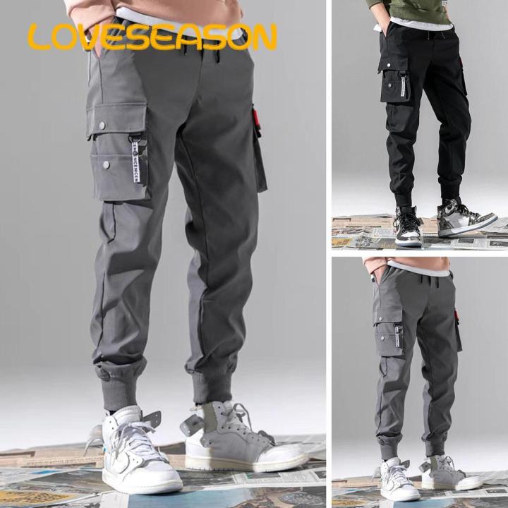 Loveseason Fitness Pants Mid-Rise Multi Pockets Solid Color Casual Cargo Pants