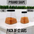 PYRAMID JAR PACK OF 6 JARS FOR KITCHEN PLASTIC STORAGE BOX BURNI ORGANIZER MASALA JAR SET CONTAINER RACK CANDY FOOD GRADE BPA FREE PURE PET MATERIAL FOR DAAL ACHAR SALT SUGAR CANDIES. 