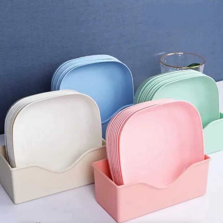plates, plates with stand, plastic plates, food plates, Set of 10 Plates with Stand, Multi-Functional Bone Dish for Household Use, Plastic Spit Bone Dish in Round and Square Designs, Dining Table Waste Plate Set
