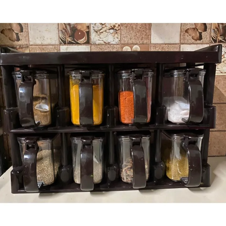 Galaxy%20Masala%20Rack%20with%20spoon%20Dark%20Brown%20Spice%20Rack%20Kitchen%20Rack%20Masala%20Box%20Spice%20Rack%20box%20with%20Automatic%20Lid%20Cooking%20kitchen%20accessories%208%20Pieces%20Masala%20Rack%20-%20Image%202