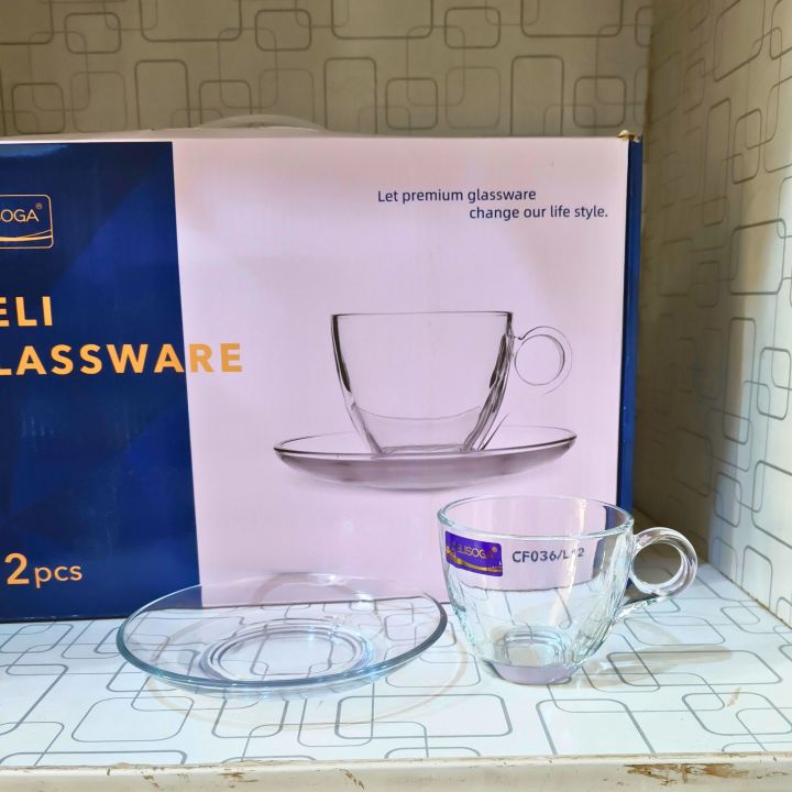 12 Pcs Delisoga Glass Cup & Saucer Set – 6 Cups 6 Saucers 210 ml | Daraz.pk