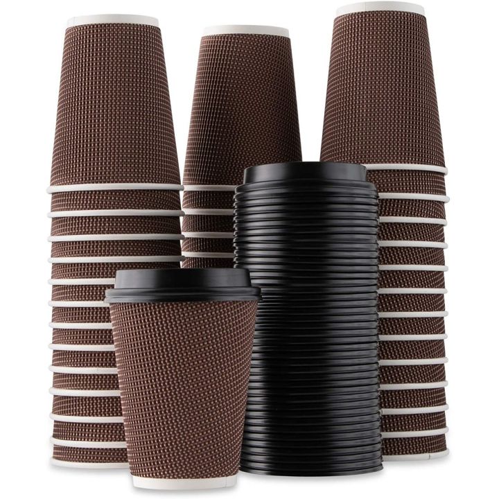 Pack of 25 - Disposable Stylish Printed Ripple Coffee Cups with Lid/Cover - Multipurpose