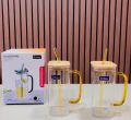 Juice Glass lid With Straw | 400/L2BB |Fancy Glass 2 Pcs Set | High Quality borosilicate Juice Glass | Large size Juice Glass | 2 Pcs Box Set  | Wooden lid Juice Glass 2pcs Set. 