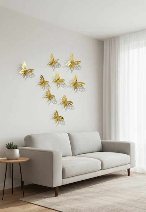 Golden 3D Butterfly Wall Stickers 12 Pcs | Mirror Acrylic Decals for ...
