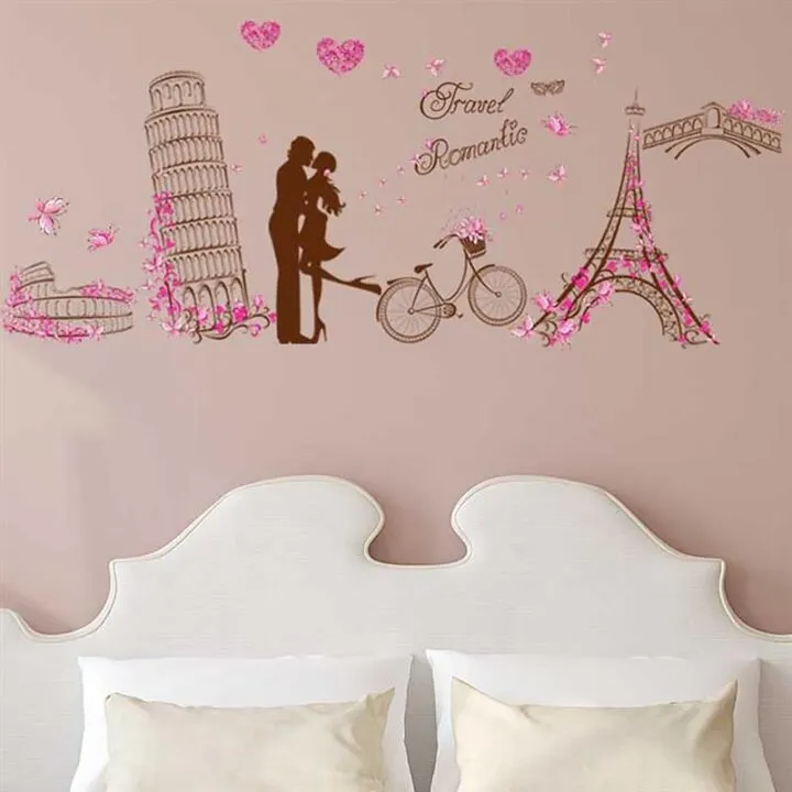 Romantic Paris Love Wall Sticker Eiffel Tower Wall Paper Colorful PVC ...