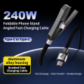 2 in 1 Charging Cable Type C with Invisible Foldable Stand – 240W Fast Charging Cable, Nylon Braided Type-C to Type-C, 360° Hidden Phone Holder, Charging Cable with Stand for Phones, Tablets & Laptops. 