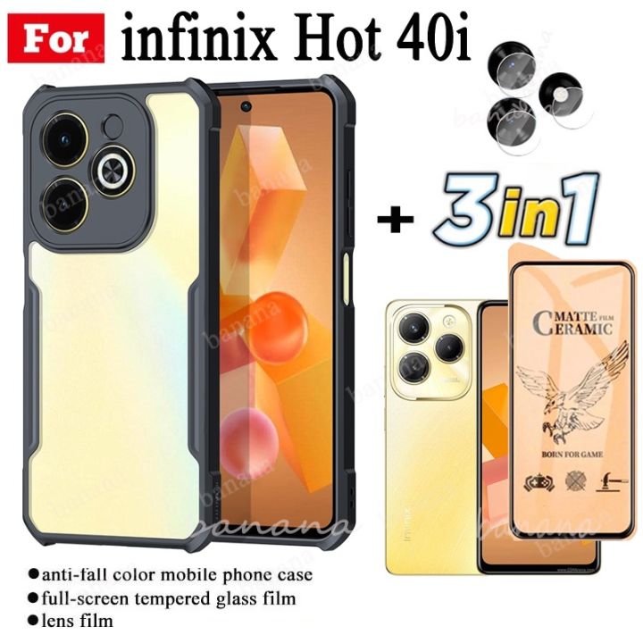 3 in 1 Infinix Hot 40i Shockproof Phone Case for Infinix Hot40i 30i 30 Play Smart 8 7 Ceramic Frosted Film+Camera Lens Film
