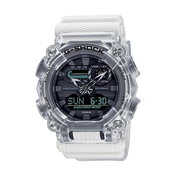 Casio G Shock Sound Wave Series Carbon Core Guard Transparent White Analog-Digital Mineral Glass World Time Multi-Function Transparent White Resin Band Watch-GA-900SKL-7ADR