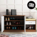 Wooden Street Engineered Wood Exotic Teak & Frosty White Finish Macon Shoe Rack Cabinet Multipurpose Rack for Home & Office with 2 Doors, 4 Shelves, 1 Drawer, Cushion Seat. 