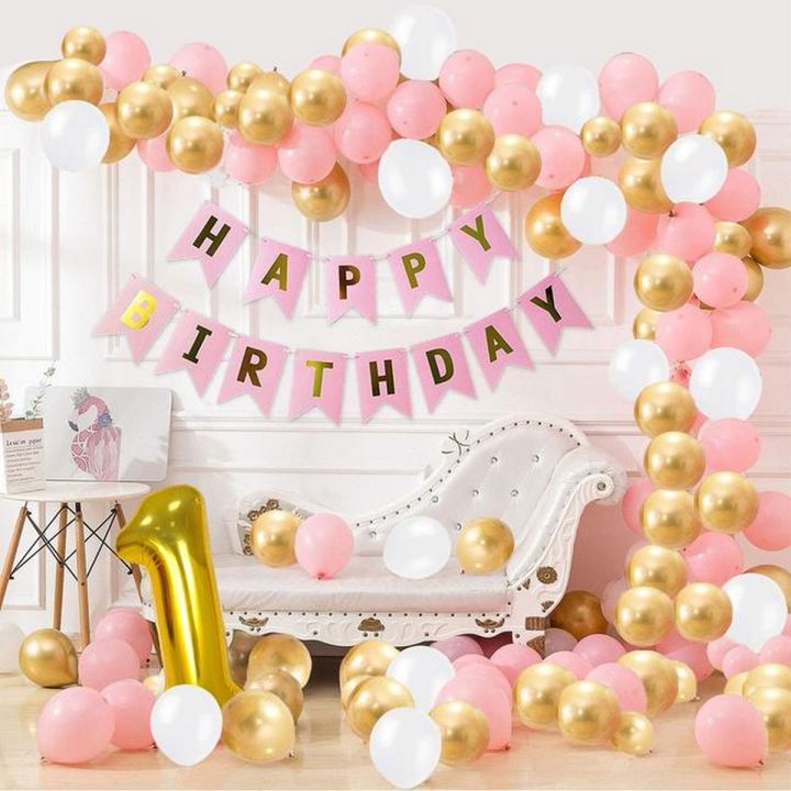 Happy Birthday Theme Pink Golden & White Birthday Party Decoration-50 Pcs Set
