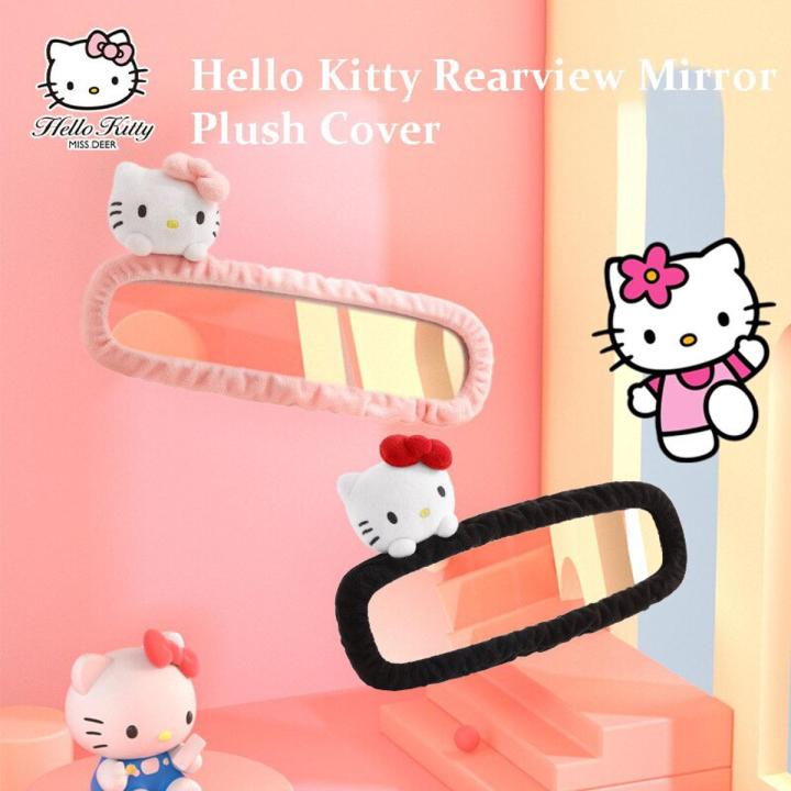 Sanrioed Anime Hello Kitty Kawaii Car Rearview Mirror Plush Cover Cartoon Cat Reversing Decoration Car Interior Accessories Gift