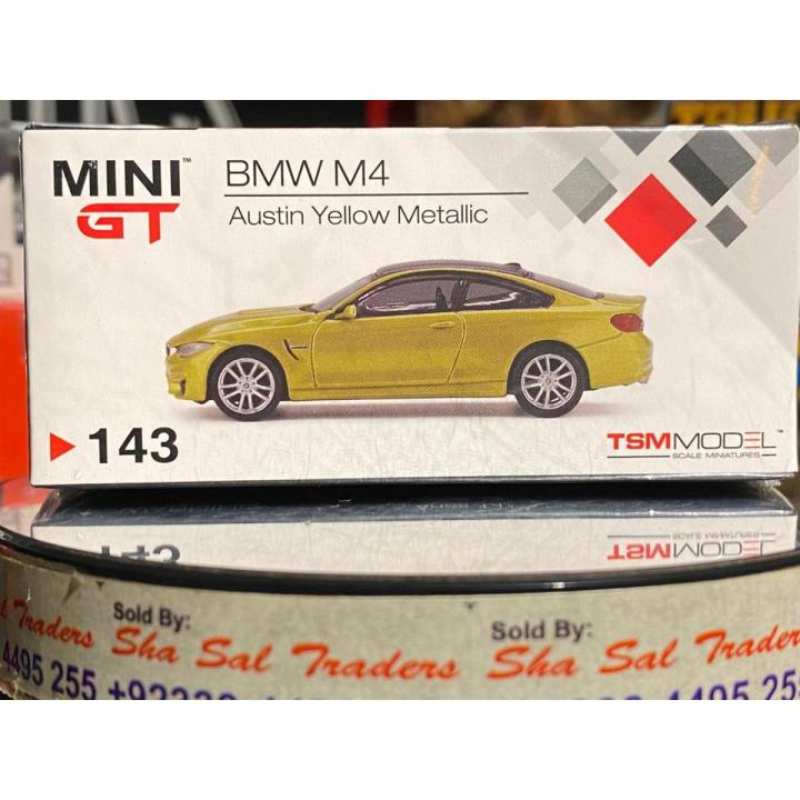 Mini GT # 143 BMW M4 Austin Yellow Metallic with safe box sealed Diecast Metal Toys Gifts for Kids 1/64 Scale