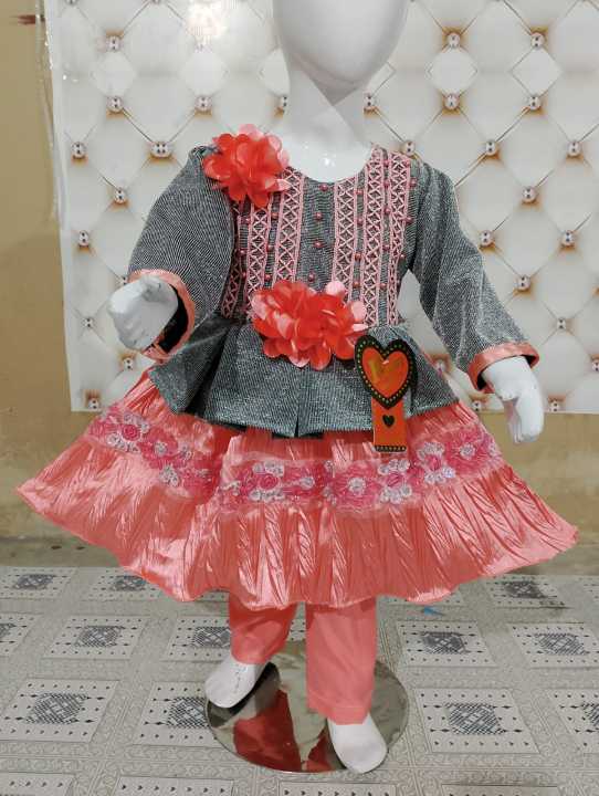 Baby Girl Fancy Moon Light Frock with Stone Flowers Works to