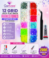 Gemzee 12 Grid Jelly Flat Back Rhinestones 2000Pcs 3mm Starter Kit with Tweezer Caryon Pencil & B-7000 5ml Glue | Nail Art Bedazzle DIY Craft. 