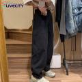 Baggy Pants Full Length Vintage Straight Wide Leg Solid Color Casual Trousers. 
