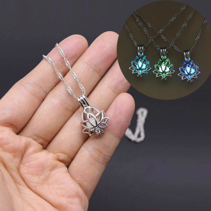 Luminous Glowing In The Dark Moon Lotus Flower Shaped Pendant Necklace For Women Yoga Prayer Buddhism Jewelry Cuilei