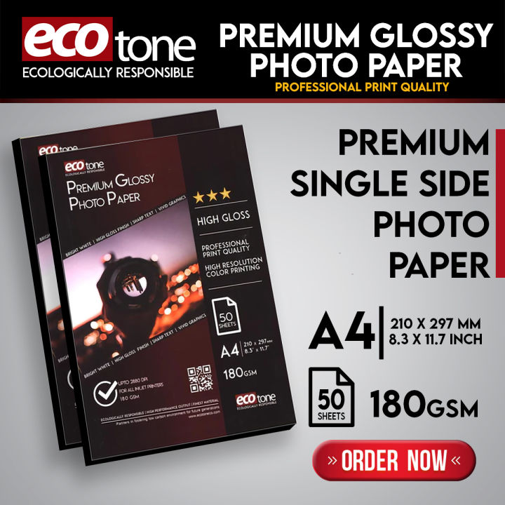 Ecotone Premium Glossy Photo Paper - Professional Print Quality - A4  Size - 180gsm - 50 Sheets - (Singal Side) All inkjet Printers