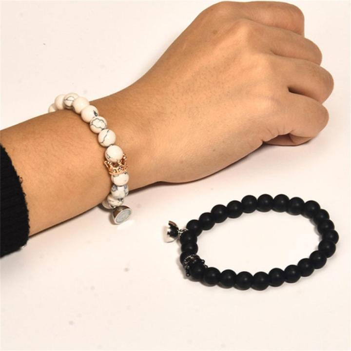 2Pcs Magnetic Crown Couples Bracelets Natural Stone Beads Bracelet Matching Bracelets for Lovers Valentine's Day Gift