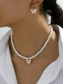 Korean Jewellery Necklace With Earring set Simple And Fresh Style Imitation Pearl & Pink Butterfly Shaped Jewellery For Girls. 