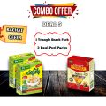 Combo offer, Deal 5, Pani puri with free masala, 3D Triangle snacks with free BBQ masala, Gol gappey or crackers aik sath, 40 pcs in each pani puri pack, 200 grams in each snack pack. 