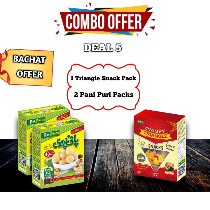 Combo offer, Deal 5, Pani puri with free masala, 3D Triangle snacks with free BBQ masala, Gol gappey or crackers aik sath, 40 pcs in each pani puri pack, 200 grams in each snack pack