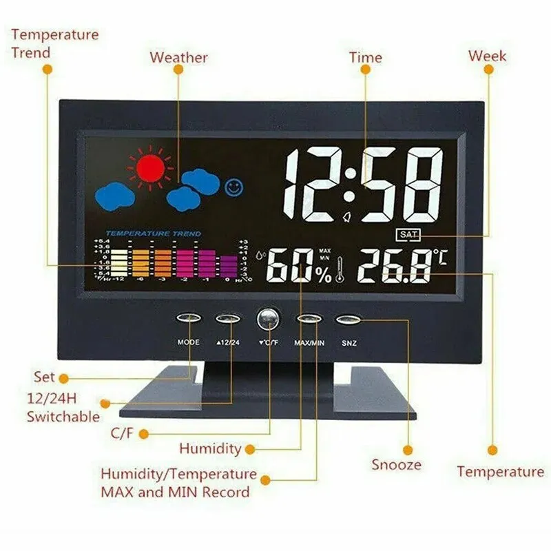 LED Digital Alarm Clock With Calendar, Thermometer, Hygrometer, And Snooze - USB/Battery