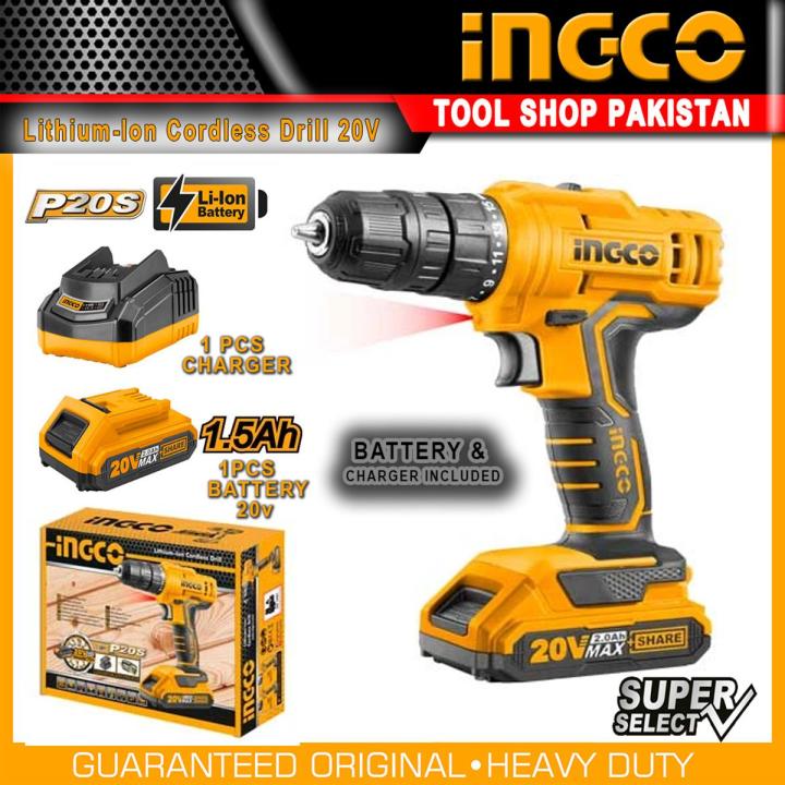 Ingco Lithium-Ion Cordless Drill 20V with Battery & Fast Charger