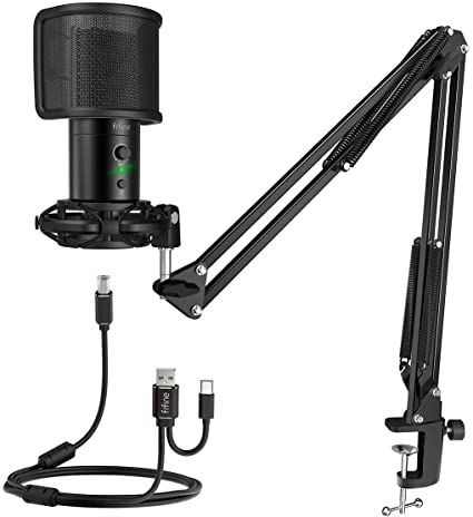 FIFINE USB Gaming Streaming Microphone Kit for PC Computer, Condenser Mic Set with Arm Stand Mute Button & Gain, Mic Studio Bundle for Podcast Recording , USB C & A -T683