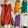 Yfashion Women Linen Shirt Retro Button Design Half-sleeve Solid Color Casual Mid-length Blouse Tops color. 