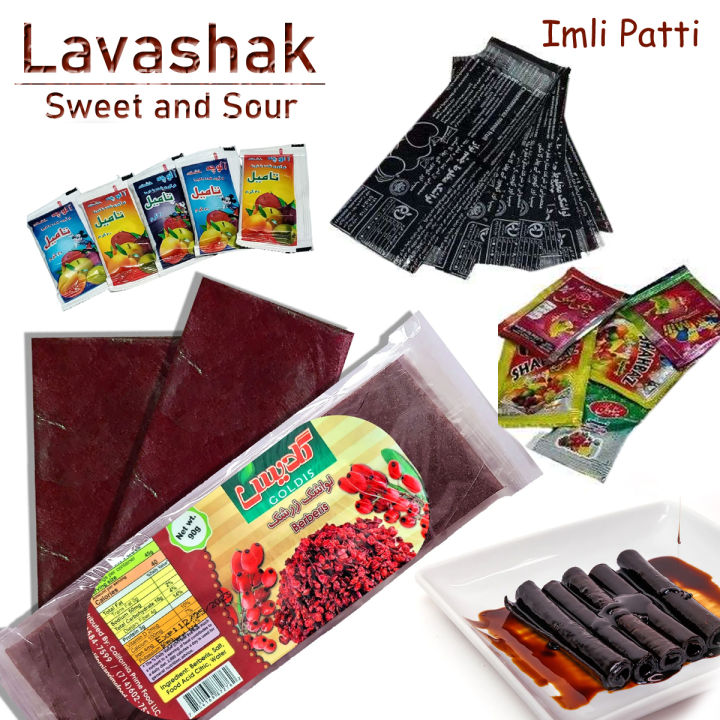 30 Pcs Set - 20 Lavashak Fruit Lather Sheest - 5 Churan Chat Masala Powder - 5 Tamil Imli Sauce - Irani Imli Strips Roll Chooran Chaat Masala Khati Methi Sweet and Sour Layer Viral Choran Rolls Taili lavashak fruit leather Souce Candy Sheet Persian snack