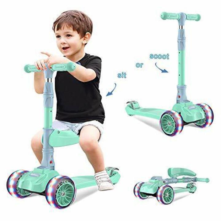 Kids Scooter, 3 in 1 Foldable 3 Wheels Kick Scooter Toddlers With Tyres Lights Seat Steable