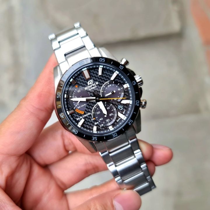 Casio Edifice Mens Steel Black Ion Plated Bezel Solar Power Date Grey Chronograph Carbon Fiber Dial Silver Stainless Steel Brecelet Watch-EQS-930DB-1AVUDF