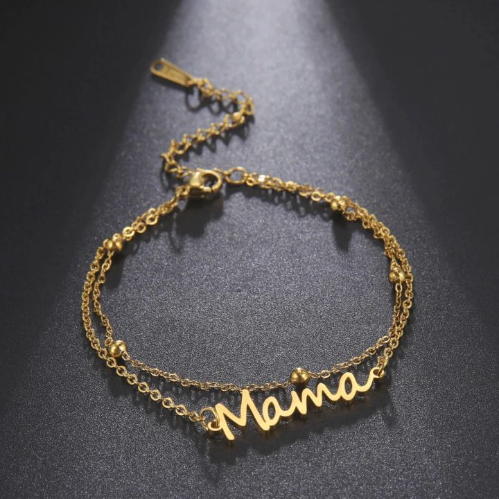 Skyrim Bracelets Of Women MenSier Color Stainless Steel Double Chain Letter Mama Beads Cuff Female Elegant Jewelry Accessories