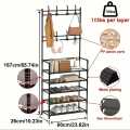 Multi-Function 5 Layers Shoe & Coat Rack with Hanger, Living Room Clothes Metal Storage Rack, Easy-to-Assemble Simple Storage Rack, Other Miscellaneous Items Storage Shelf, Suitable for Entrance, Bedroom, Living room and Bathroom. 