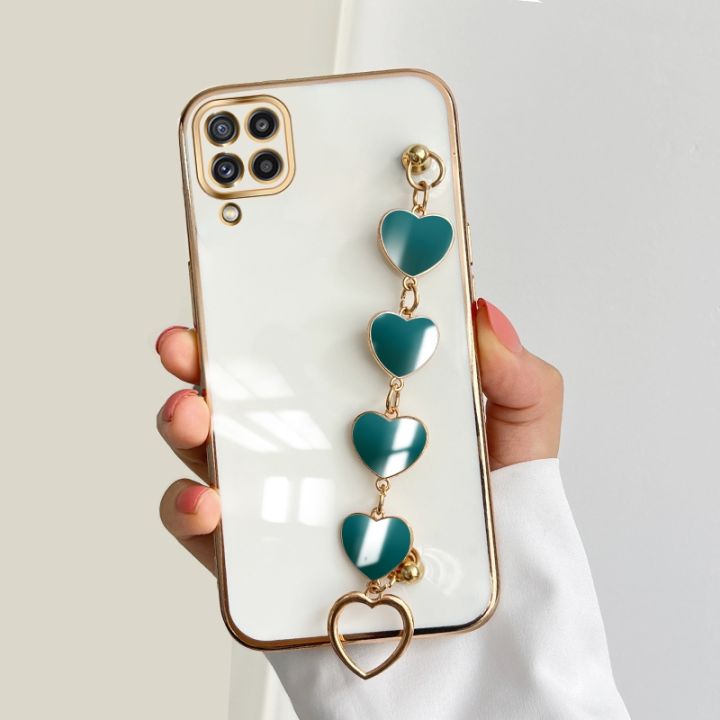 DEL for Samsung Galaxy M33 5G Back Cover with 3D Love Heart Wristband Chain Fashion Bracelet Shiny Plating Phone Case Soft Silicone Protective Cover