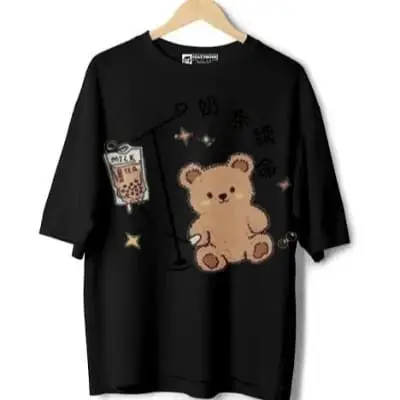 Bear Print Women T Shirt Short Sleeve Summer original design Cotton Fabric Black Color