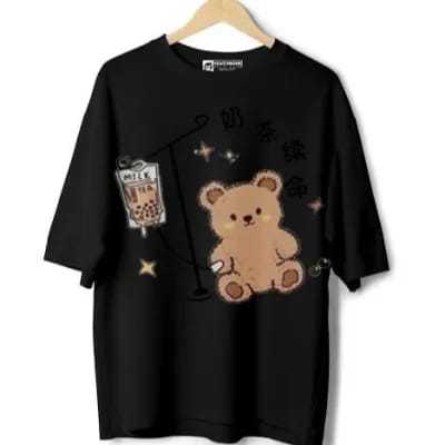 Bear Print Women's T-Shirt Cotton Short Sleeve Summer Casual Black