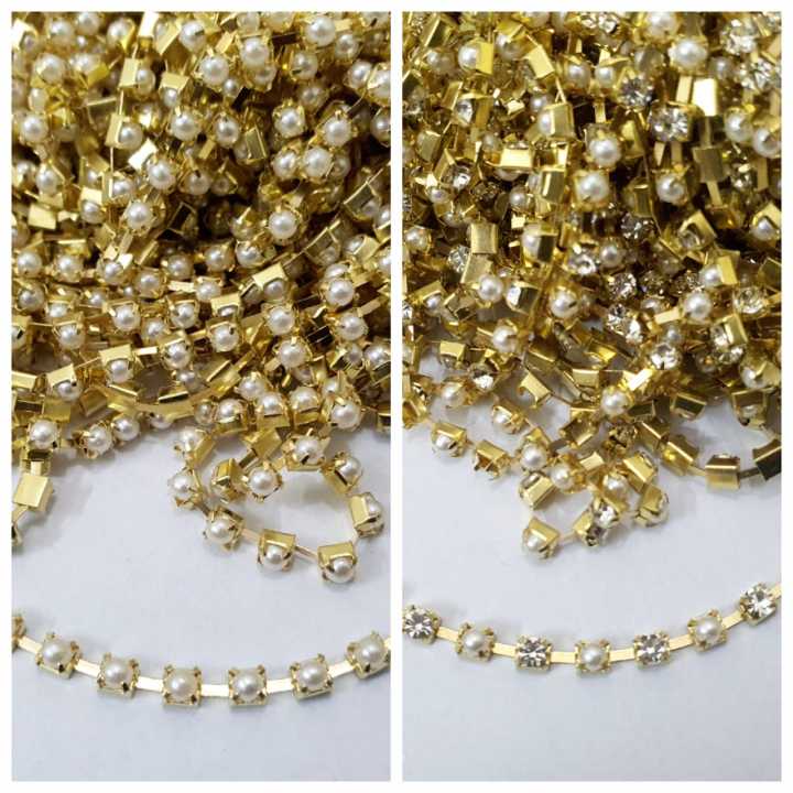 1 yard Rhinestone Lace Pearl Chain Gold Silver Base DIY Sew On Decoration Crafts 3mm