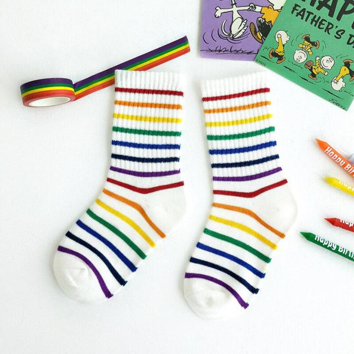 【HOT】 Fashion Rainbow Socks For Kids Spring Summer Colourful Stripe Breathable Cotton Girls Boys Tube Socks School Long Socks 1-8 Year
